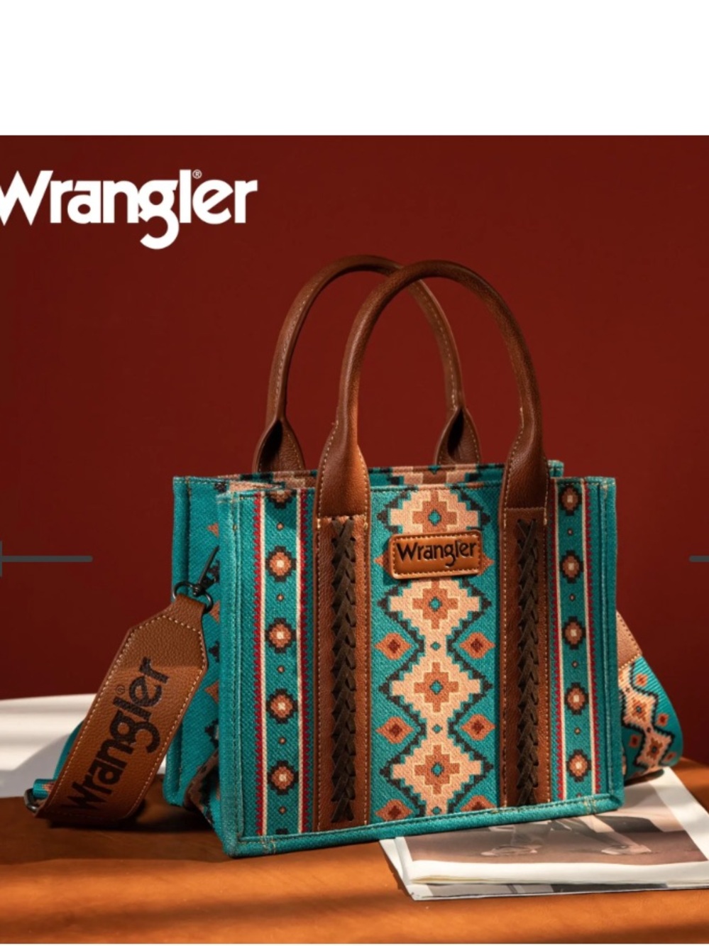 Wrangler Teal Southwestern Tote with Brown Trim and Leather Handles